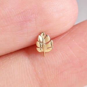 May include: A tiny, gold-coloured leaf-shaped earring stud. The earring features a detailed design with visible veins and a post for insertion. The earring is held between two fingers.