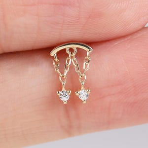 14k Solid Gold Hidden Helix Double Layer Tassel Flat Back, Dangle Chain Diamond Helix Cartilage Push Back, Earlobe Threadless Push Pin Stud