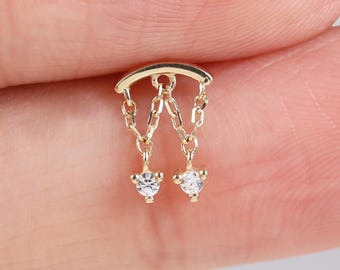 14k Solid Gold Hidden Helix Double Layer Tassel Flat Back, Dangle Chain Diamond Helix Cartilage Push Back, Earlobe Threadless Push Pin Stud