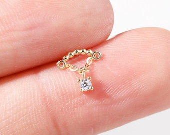 Örhänge i 14k massivt guld med dold helixkedja, böjd pärla, broskkedja, hängande diamant, labret-örhänge med platt baksida