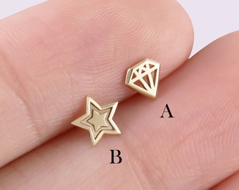 14K Solid Gold Diamond & Star Cartilage Piercing, Gold Celestial Helix Stud, Nose Stud Conch Earring, Gold Labret Tragus Flat Back Earring