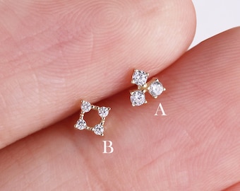 14k Solid Gold Flower Cartilage Earring, Diamond Push Back Tragus Helix Stud, Triple Petals Threadless Push Pin Earring Conch Lobe Stud