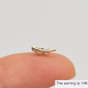 14k Solid gold Feather Cartilage Gold Stud Earrings conch earrings tiny stud earrings cartilage stud helix stud tragus studs push in back