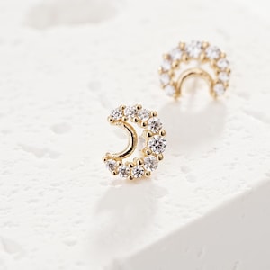 14k Solid Gold Diamond Moon Push Back Pave Diamond Crescent Moon Helix Cartilage Stud Celestial Tragus Conch Threadless Push Pin Earring