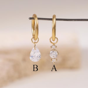 14K Solid Gold Floating Diamond Drop Earring Hoop Charm Cartilage Huggie Charm Daith Helix Hoop Charm Tragus Charm Pear Belly Ring Charm