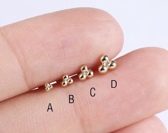 14K Solid Gold Triple Ball Internal Threaded Helix Earring Cartilage Conch Tragus Stud Nose Labret Piercing Gold Screw Flat Back Earring 18g