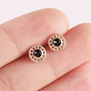 14k Solid Gold Open Circle Black Moissanite Earring Gold Compass Stud Earring Threadless Push Pin Conch Helix Stud Flat Back Earring