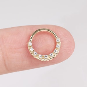 14k Solid Gold Beaded Diamond Cluster Daith Ring Clear CZ Septum Nose Ring Seamless Hinged Clicker Hoop Earring Moissanite Huggie Hoop 18G