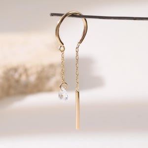 14k Solid Gold Floating Teardrop Threader Chime Stud Dangle Chain Curved Bar Threader Earring Cartilage Earlobe Helix Piercing Earring