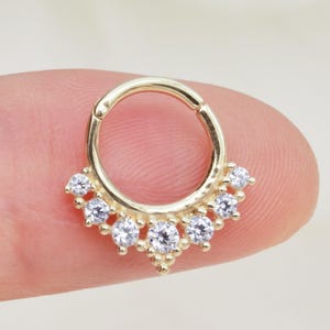 14k Solid Gold Pave Sparking Septum Clicker Dainty Breaded Cartilage Hinged Hoop Tragus helix Daith Piercing Hoop Ring Jewelry 16g