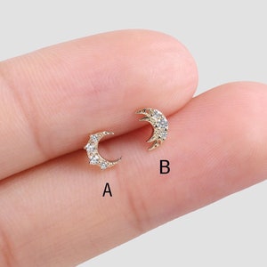 14k Solid Gold Crescent Moon Stud Earring Layered Moon Cartilage Stud Helix Conch Piercing Tragus Earlobe Stud Threadless Flat Back earring