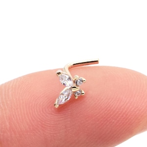 14K ソリッド ゴールド バタフライ ノーズ スタッド 華奢なノーズリング ゴールド ノーズピン 20g L字型 ノーズピアス ママへのギフト ピアスジュエリー