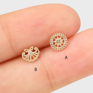 14k Solid Gold Sun Cartilage Earring, Gold Helix Stud, Conch Earring, Flat Back Earring, Threadless Push In Back, Tree Shape Tragus Stud