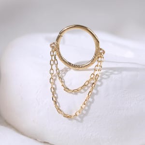 14K Solid Gold Double Chain Septum Ring Gold Pattern Dangle Chain Daith Clicker Embossed Textured Helix Cartilage Huggie Hoop Clicker