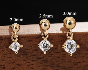 14k Solid Gold Ball Dangle Diamond CZ Stud Earring, Helix Tragus Conch Cartilage Push Back
