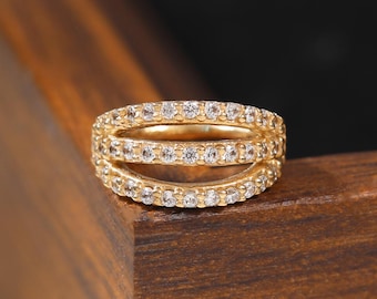 14k Solid Gold Triple Hoop Earring, Diamond CZ Daith Helix Rook Ring, Triple Band Clicker
