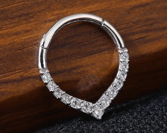 14k White Gold CZ Teardrop Septum Ring, Diamond V Shaped Daith Clicker Hinged Seamless Ring