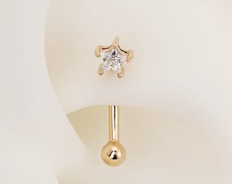 14K Solid Gold Star Rook Piercing Dainty Curved Barbell Ring Belly Button Ring Eyebrow Piercing