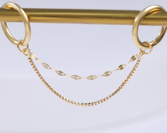 14K Solid Gold Dangle Double Chain Attachment, Gold Industrial Bar Chain Conch Helix Wrap Chain Piercing, Nose Ring Cartilage Chain Earring 