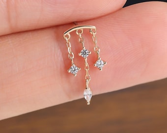 14k Solid Gold Hidden Helix Push Back, Triple Dangle Chain Hidden Rook Piercing