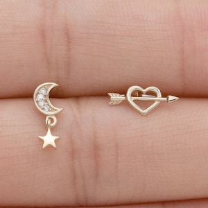 Pendiente de oro macizo de 14 quilates con forma de luna y estrella, con forma de corazón y flecha, para hélix, cartílago, trago, bola roscada, piercing para la espalda, 16 g