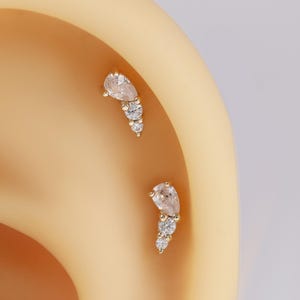 14k Solid Gold Diamond Ear Climber Stud Earring, Tear-drop Helix Ear Stud, Diamond Cluster Cartilage Flat Back Earring, Rook Tragus Ear Stud