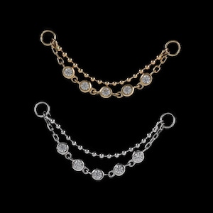 14K Solid Gold Dangle Double Chain Attachment Beaded Ball Chain  Round Bezel CZ Helix Chain Conch Hoop Chain Connector
