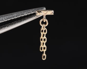 14K Solid Gold T Bar Dangle Chain Helix Push Back, Threadless Pin Flat Back