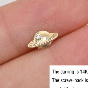 14k Solid Gold Planet Diamond Internally Threaded Stud Clear CZ Planet Helix Cartilage Titanium Screw Flat Back Saturn Tragus Screw Stud
