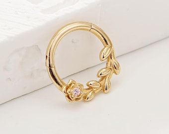14k Solid Gold Pink Tourmaline Flower Daith Hoop Clicker Pink Gemstone Septum Ring Nose Helix Cartilage Seamless Hinged Clicker Huggie Hoop