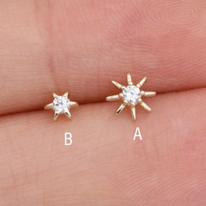 14k massief gouden kleine Sunburst-stoorbel hemels kraakbeen oorbel Conch Helix tragus stud ster labret piercing sieraden platte achterkant stud
