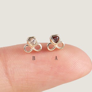 14k Solid Gold Heart Infinity Earring Gold Cartilage Earring Red Heart Helix Stud Tragus Conch Nose Piercing Threadless Flat Back Earring