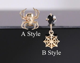 14K Solid Gold Halloween Skull Helix Push Back, Black Gem Teardrop Cartilage Stud, Dangle Spider Web Threadless Push Pin, Halloween Gift