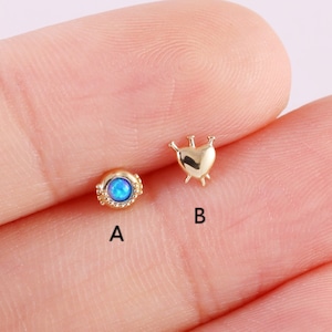 14k Solid Gold Heart Shape Stud Earring Blue Opal Round Stud Earring Threadless Push Pin Helix Stud Flat Back Earring Conch Tragus Earring
