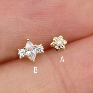 14k Solid Gold Tiny Flower Stud Earring Dainty Marquise Element Stud Cartilage Stud Conch Stud Helix Stud Tragus Stud Labret Stud Flat Back