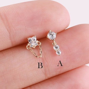 Boucle d'oreille pendante en or massif 14 carats Boucle d'oreille délicate en forme de coeur Petite boucle d'oreille suspendue Clou du cartilage Clou de la conque Helix Tragus Stud Push in back