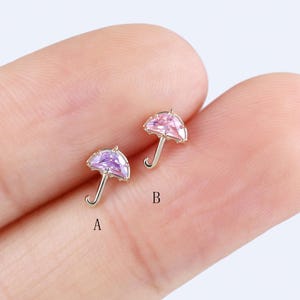 14K Solid Gold Purple&Pink Umbrella Stud Earring Cartilage Stud Helix Earring Conch Piercing Tragus Stud Flat Back Earring Threadless End