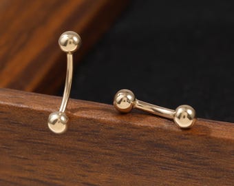 14k Solid Gold Belly Button Ring Rook Eyebrow Piercing Navel Ring Externally Threaded Curved Barbell