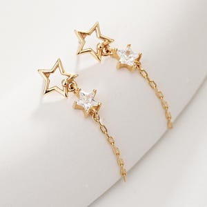 14K Solid Gold Baumeln Stern Kette Helix Bolzen Stern Hänger Kette Knorpel Push Back Star Klar CZ Tragus Ohrring Polaris Threadless Push Pin