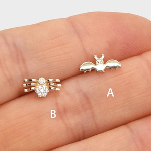 14k Solid Gold Bat Stud Earring Spider Helix Stud Animal Conch Earring Flat Back Earring Push In Labret Stud Tragus Piercing Jewelry