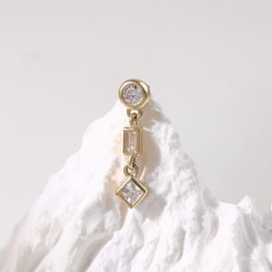 14k Solid Gold Triple CZ Drop Cartilage Earring Elegant Geometric Chain Helix Stud Round Baguette Drop Earring Conch Tragus Flat Back Stud