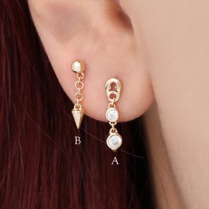 14k Solid Gold Dangle Chain Stud Earring Conical Cartilage Earring Drop Conch Piercing Helix Tragus Stud Threadless Stud Flat Back Earring