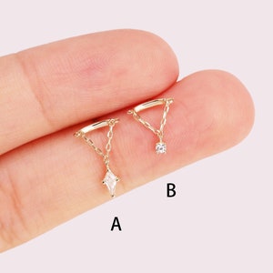 14k Solid Gold Dangle Chain Stud Earring Dangle Marquise and Square Helix Stud Tragus Stud Cartilage Earring Piercing Flat Push Back Earring