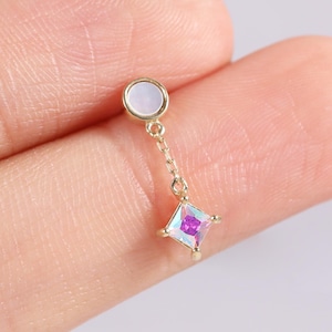 14K Solid Gold Mother of Pearl & AB Crystal Drop Stud Dainty Chain Piercing Earring Helix Tragus Conch Stud Flat Back Earring
