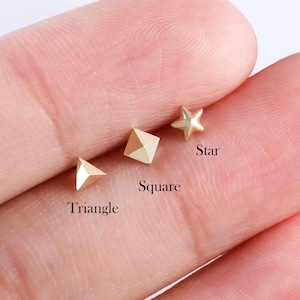 14K Solid Gold Pyramid Cartilage Earring, Star Helix Stud, Triangle Tragus Stud, Conch Earring, Threadless Push In Labret, Flat Back Earring