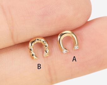 14K Solid Gold U Shape Earring, Horseshoe Cartilage Piercing , Threadless Push in Labret, Gold Helix Stud, Conch Earring ,Flat Back Earring