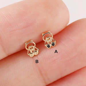 14K Solid Teddy Bear Cartilage Earring, Cute Bear Stud, Flat Back Earring, Threadless Push In Labret Stud, Animal Earring, Helix Stud