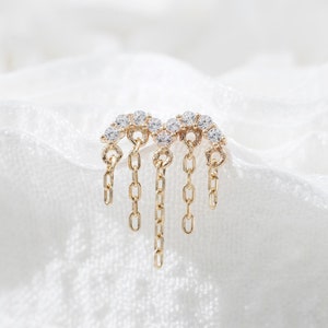 14k Solid Gold Tassel Earring Dangle Chain Cartilage Stud Helix Tragus Conch Earlobe Piercing Threadless Flat Back Stud Unique Gift for her