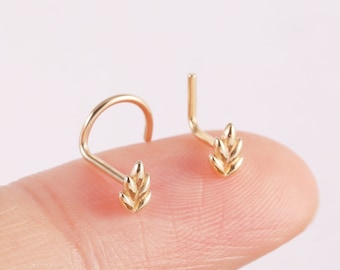 14k Solid Gold Blatt Nase Bolzen, L geformte Nasenring, Blatt Schmuck, S geformte Nase Pin, 20g L Form Nase Piercing, dünne Nase Bolzen