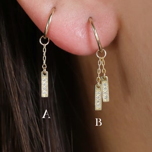 14K Solid Gold Dangle Bar Charm, CZ Bar Cartilage Hoop Charm, Daith Helix Hoop Charm ,Rook Hoop Charm, Huggie Charm ,Disc Necklace charm